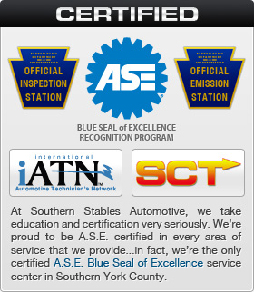 Southern Stables Automotive is the only A.S.E. Certified Blue Seal of Excellence service center in Southern York County